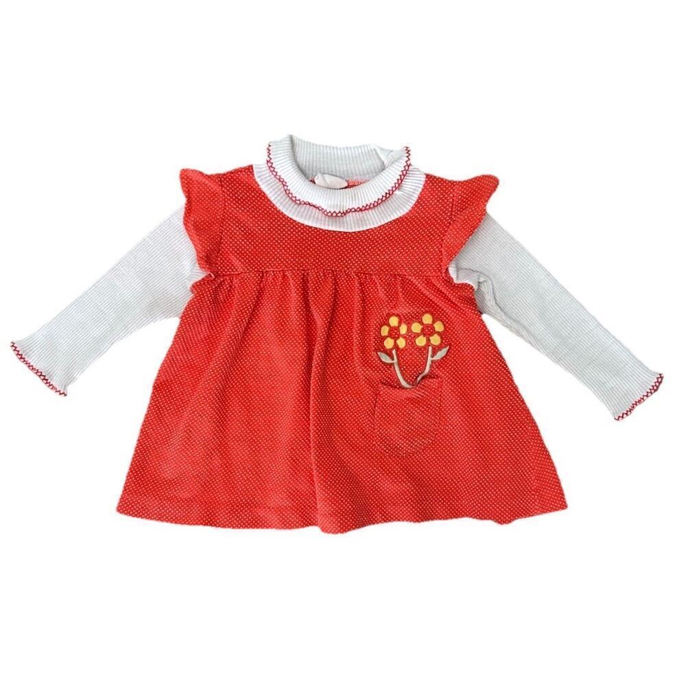 Vintage 1970s Carters Baby Girl Dress Orange White Polka Dot Turtle Neck Flower